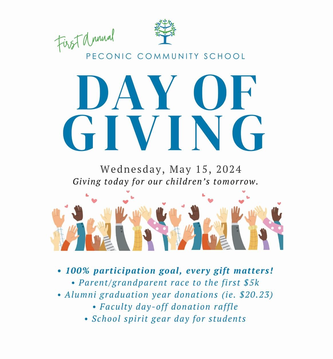 It&rsquo;s almost here! Peconic Community School&rsquo;s First Annual Giving Day &ndash; is tomorrow, Wednesday, May 15th, and we hope every member of our school community &ndash; parents, grandparents, alumni, faculty and staff &ndash; will join han
