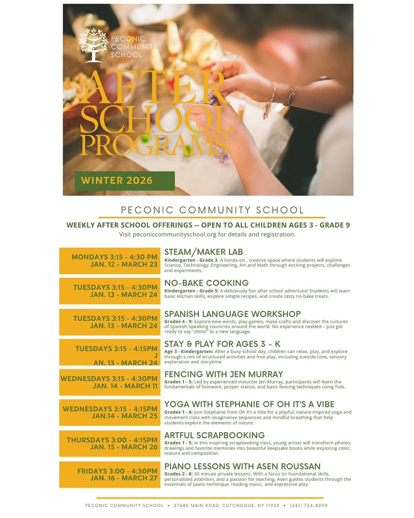 📣REGISTER TODAY! LIMITED SPOTS REMAIN! PCS Winter After School programs start next Monday, January 12th! 

PCS is thrilled to offer a new lineup of after school programs in Spanish, fencing, yoga, cooking, piano, scrapbooking and a Maker Lab in this