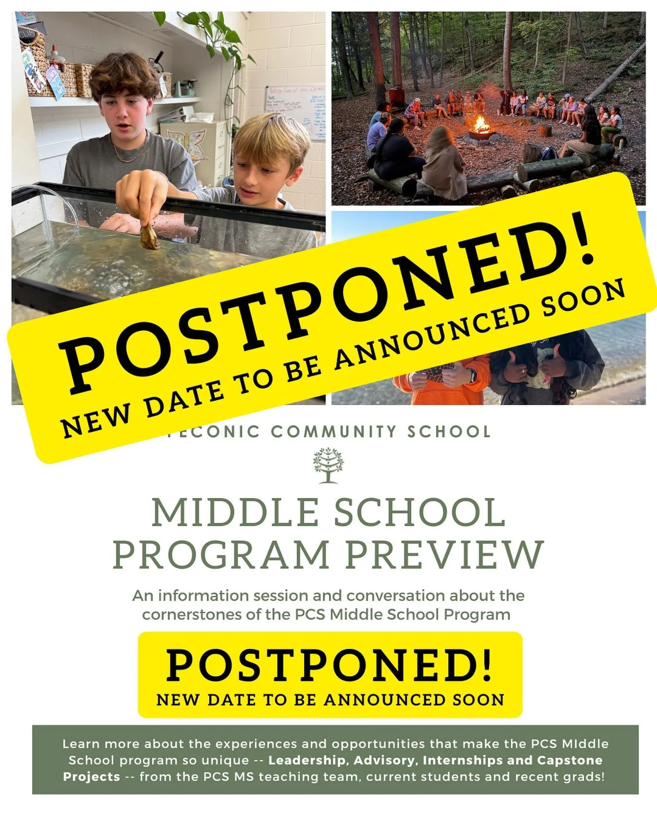 📣POSTPONED📣 Due to the winter storm, our Middle School Preview Night scheduled for the evening of Tuesday, February 24th will be postponed. New date to be announced soon! 

We look forward to meeting with you soon to talk about PCS&rsquo;s wholly u
