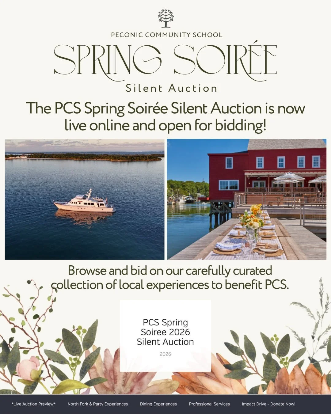 🌸The PCS Spring Soir&eacute;e silent auction is now open &mdash; and BIDDING IS LIVE! Swipe to see all eleven items, including a private charter cruise on a 90-foot motor yacht, a kids cooking class with former White House Chef Sam Kass, a family po