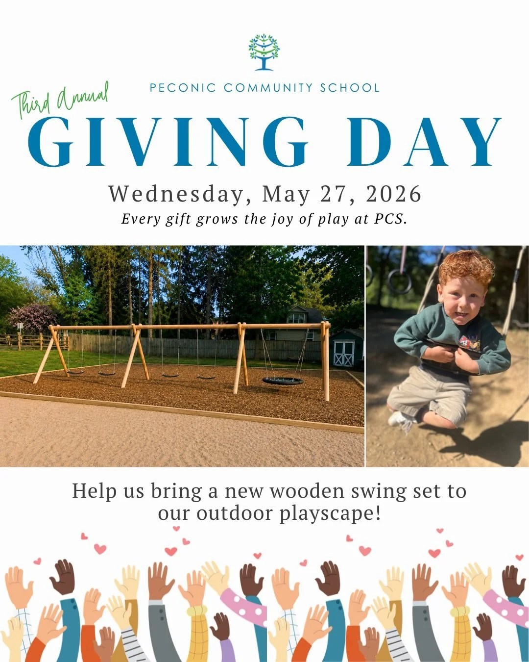 🌳 On Wednesday, May 27, our community will come together for our third annual PCS Giving Day. We&rsquo;re inviting every family, friend, and member to be part of something special.

This year, every gift will help us bring a new wooden swing set to 