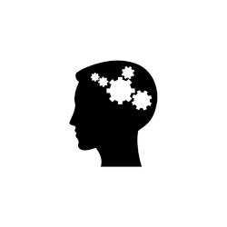 Black and white male head with white gears representing the brain, demonstrating customized mindset skills