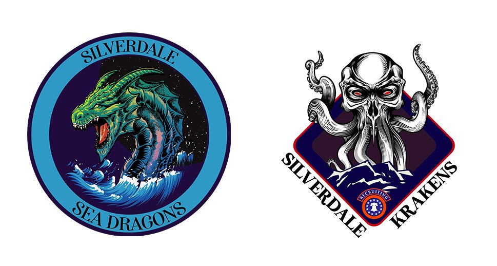 The Silverdale logos show two bold fantasy-themed directions: the left uses a sea dragon with ocean action, while the right uses a kraken-inspired skull design with a darker, more aggressive emblem style.
