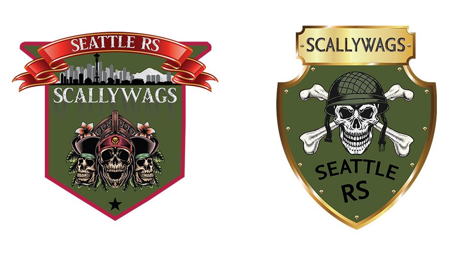 These two logo designs were created around the customer’s request for a strong pirate-themed identity while keeping the Seattle Recruiting Station Scallywags name recognizable. The first design uses a bold banner, Seattle skyline, ship, and multiple 