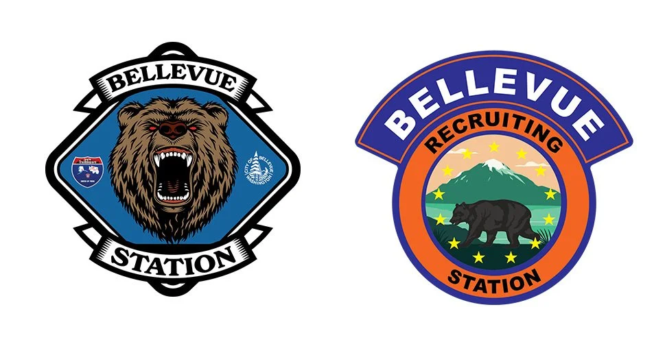 These two Bellevue Station logos present different creative directions for the same recruiting identity. The left logo has a bold, aggressive feel with a roaring bear and strong badge-style layout, while the right logo uses a cleaner circular design 