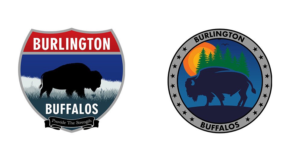 The Burlington Buffalos logos show two strong design styles: the left is a bold shield design with a classic buffalo silhouette, while the right is a cleaner circular emblem with a scenic background and modern buffalo artwork.