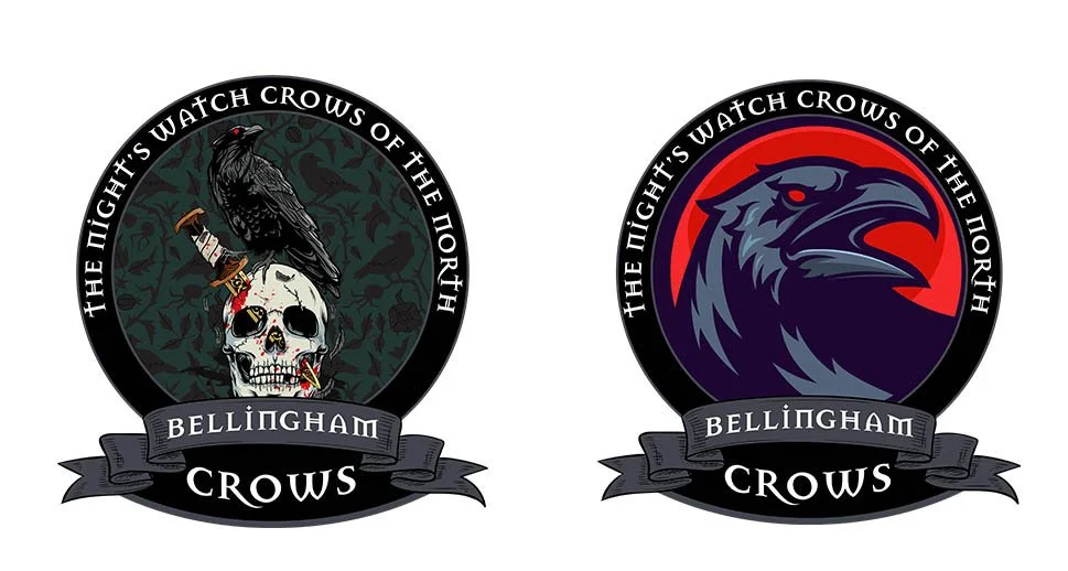 These two Bellingham Crows logos show two different approaches to the same dark, bold team identity. The left design has a detailed gothic style with the crow, skull, and textured background, giving it a dramatic and intimidating look. The right desi