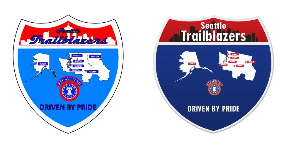 The logo was updated into a cleaner, more modern design inspired by an Interstate sign to reflect the Recruiting Stations along the I-5 corridor. The revised version keeps the Seattle Trailblazers identity, recruiting theme, map elements, and “Driven