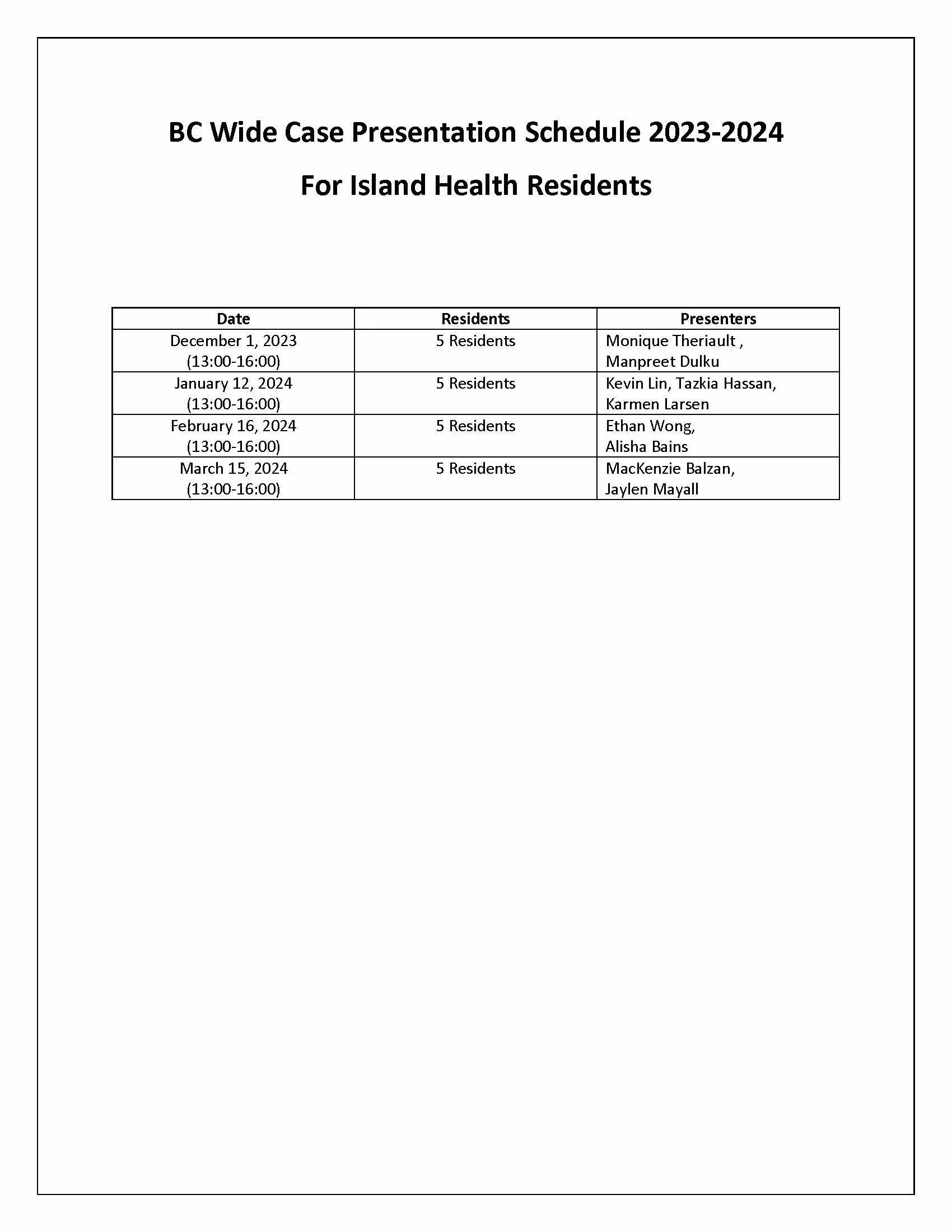 BC Wide Case Presentation Schedule 20232024 — Island Health Pharmacy