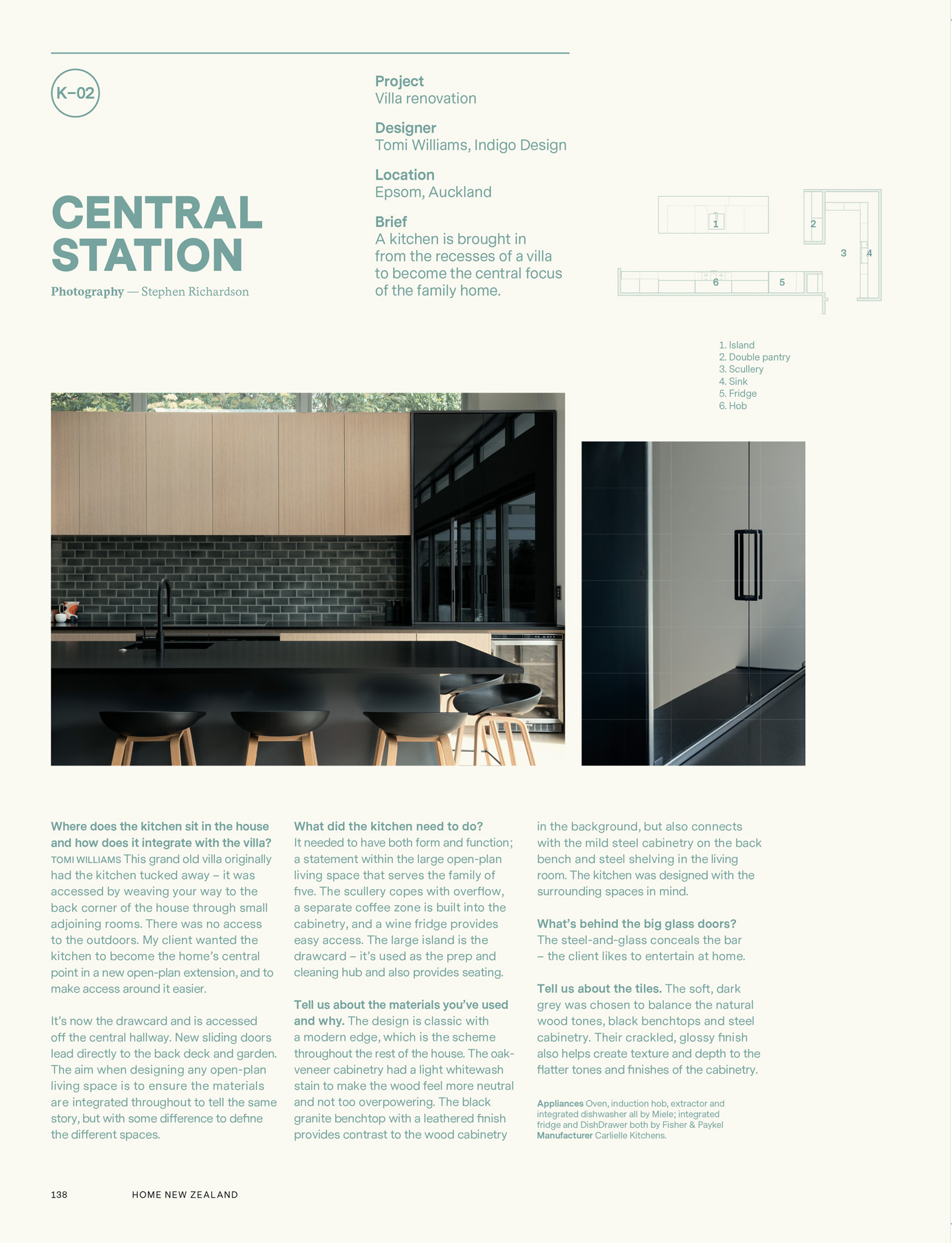 Central Station - Article on Epsom residence kitchen designed by Tomi Williams featuring steel and grey glass kitchen cupboard. December / January 2019 Home Magazine