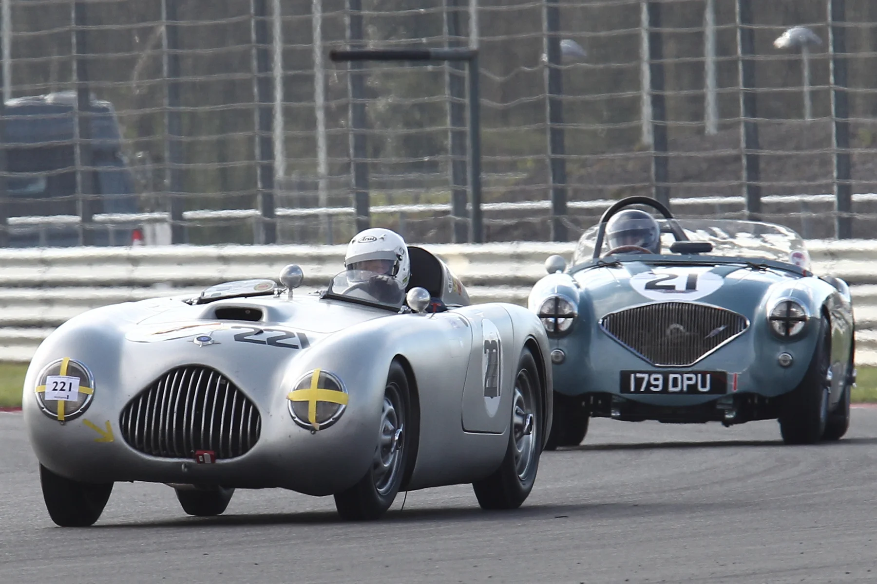 Rare visitor to these shores - Lutz Rathenow and the Veritas RS, the oldest car in the race, chased hard by Robert Clarke in the Austin Healey 100. Photo - Richard Styles 