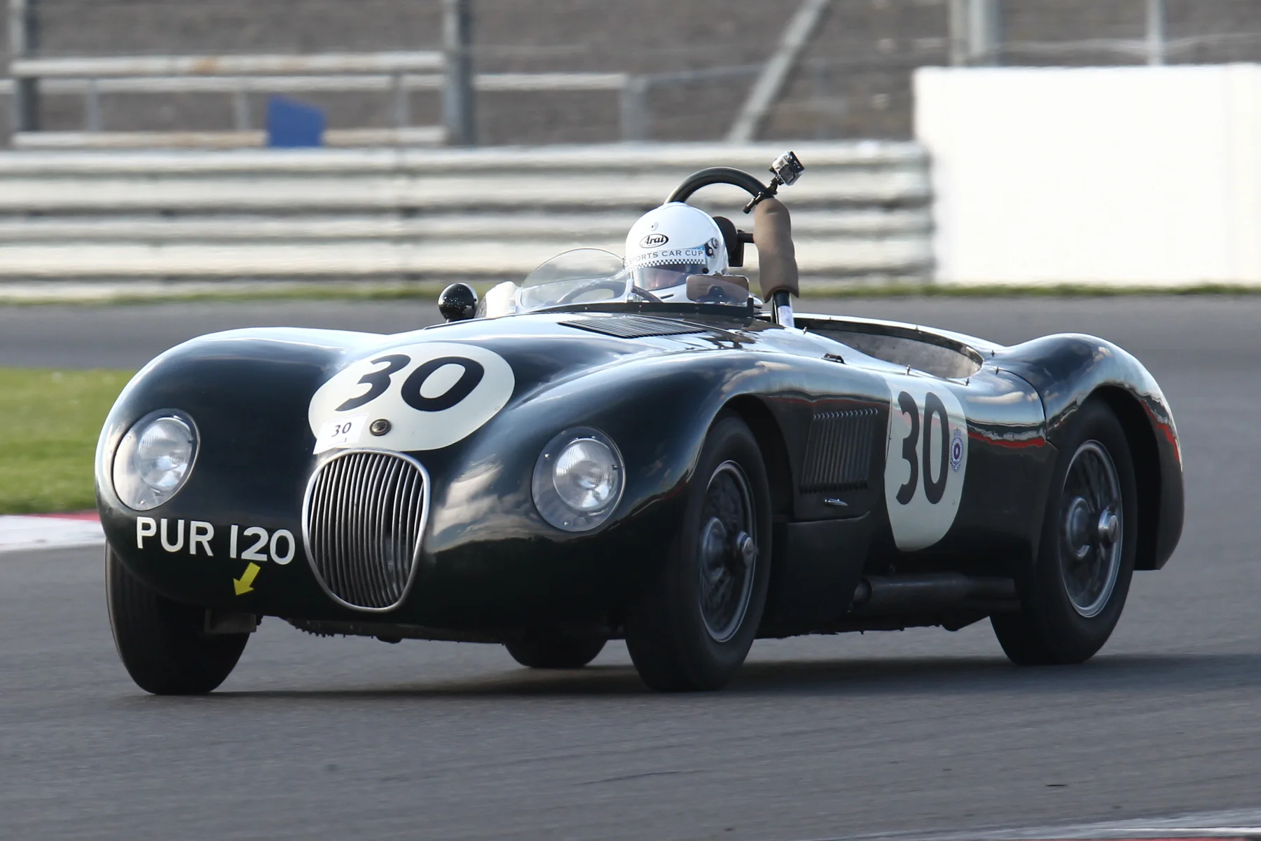 Late entry, Nick Finburgh in his Dad's lovely original C-Type. Drum brakes all round and SU carbs, just as it should be and driven smoothly and effectively to 2nd. Photo - Richard Styles 