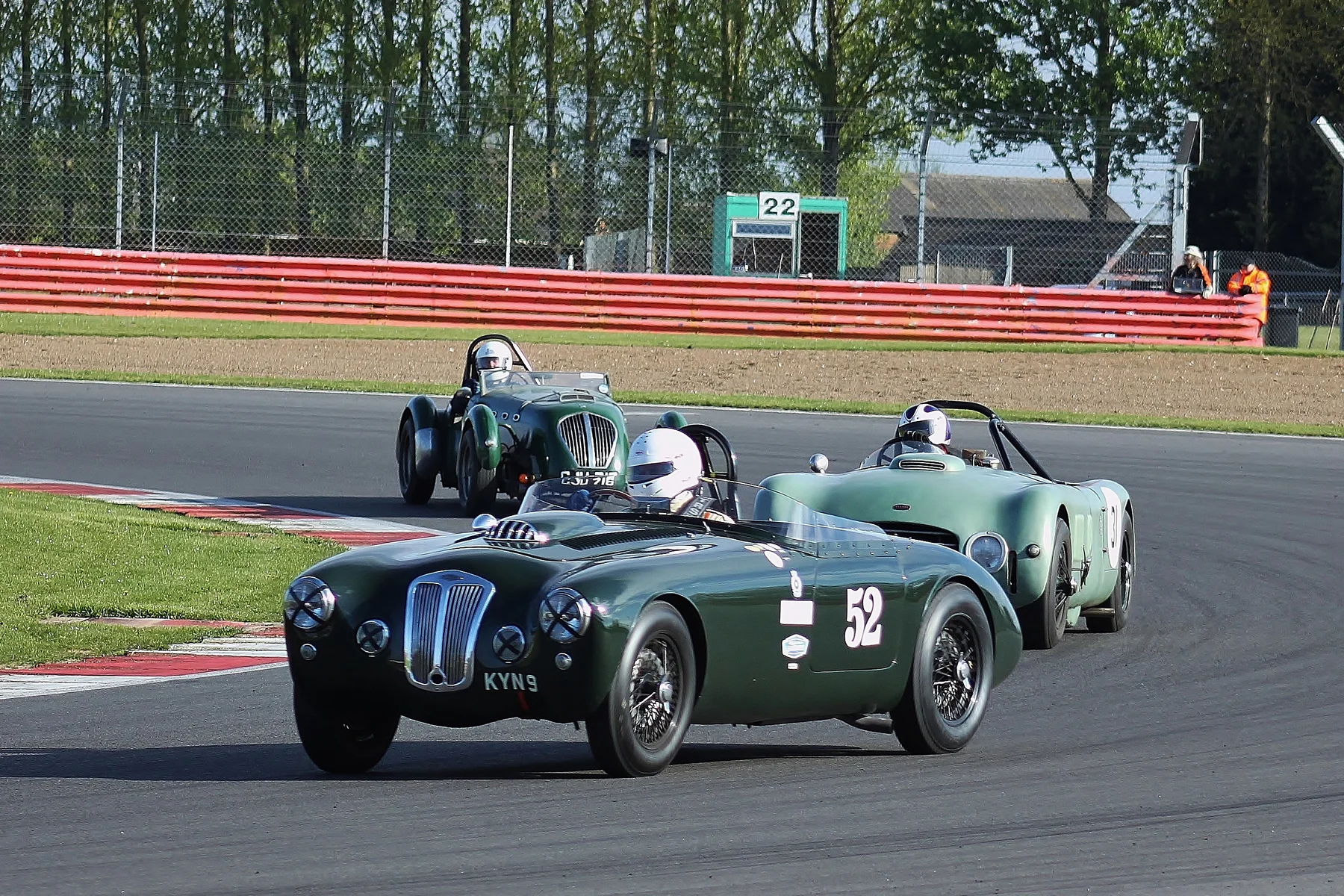 'SHADES OF GREEN ' by Anthony Galliers-Pratt (Frazer Nash), Tom Walker (Allard J2X Le Mans) and Grahame Bull (Healey Silverstone) Photo - Bob Bull (RBMApics)