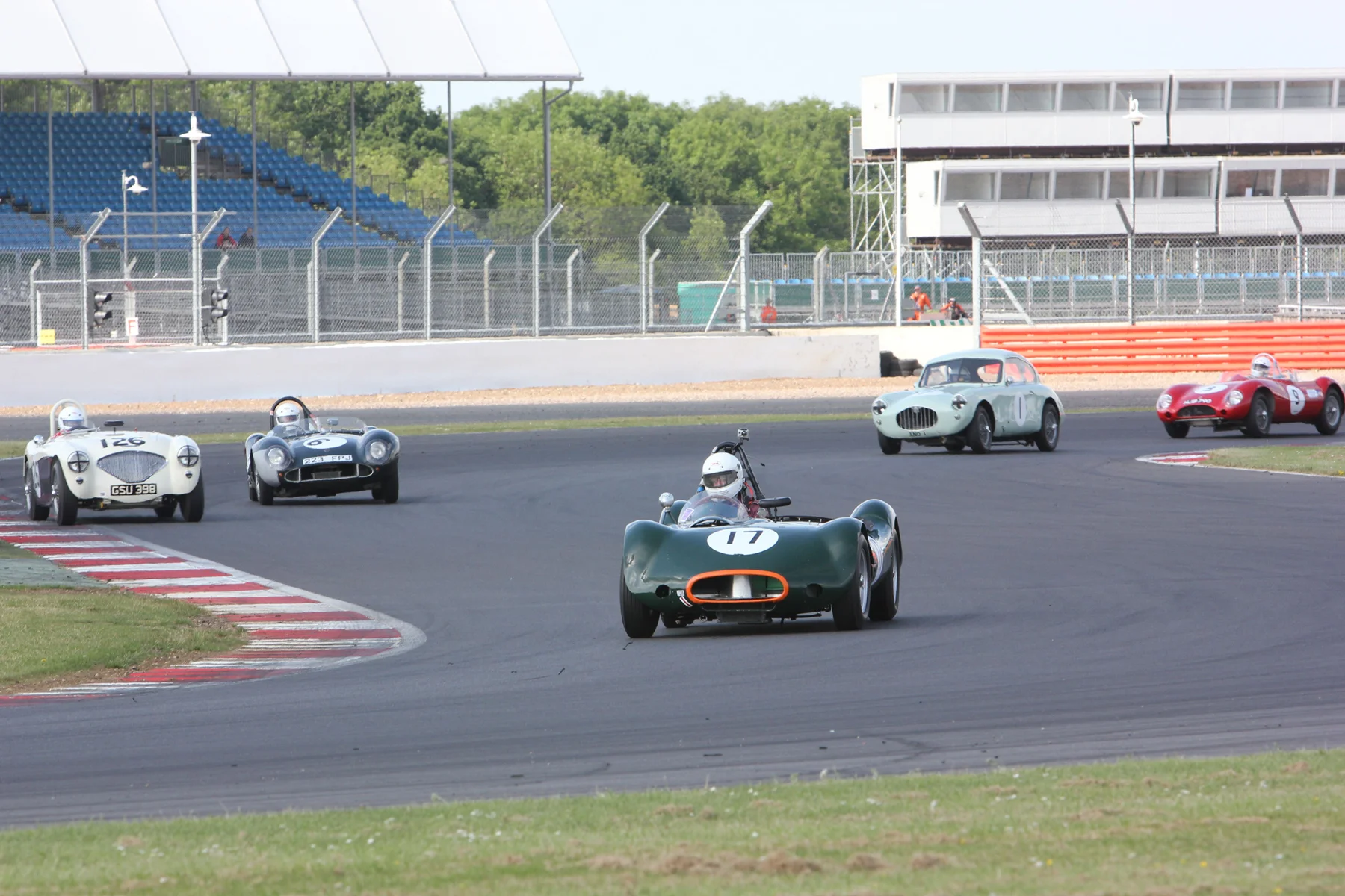 All FISCAR group. Alex Quattlebaum in his LECo2. Behind from left to right, Nigel Grice (Healey 100), Howrad Maguire (MG Playford ), Stuart Dean (Dick Jacobs Special) and George Edney (MG Lester). All four of the MG powered cars are FLIERS, the Healey, a regular Inter-Marque racer! Photo - Pat Arculus 