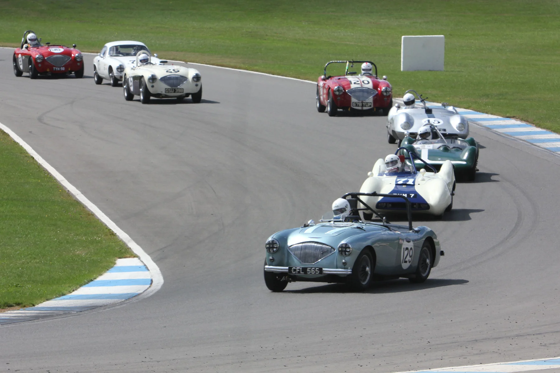 Hardy leads into the Old Hairpin for the first time. At this point front row cars have been been demoted to 4th and 7th! Photo - Pat Arculus 