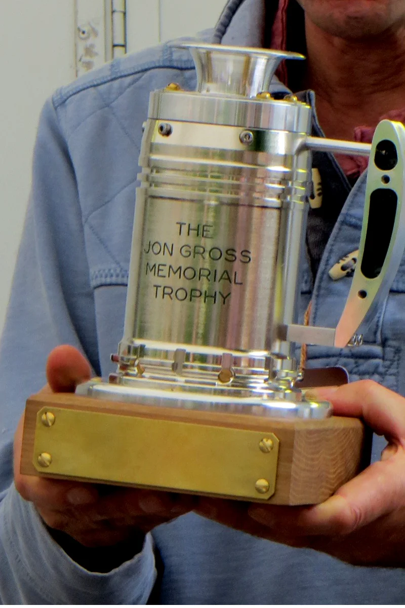 The wonderful Jon Gross Memorial Trophy constructed by Andy Hodge and presented to Simon Hadfield as its first recipient.