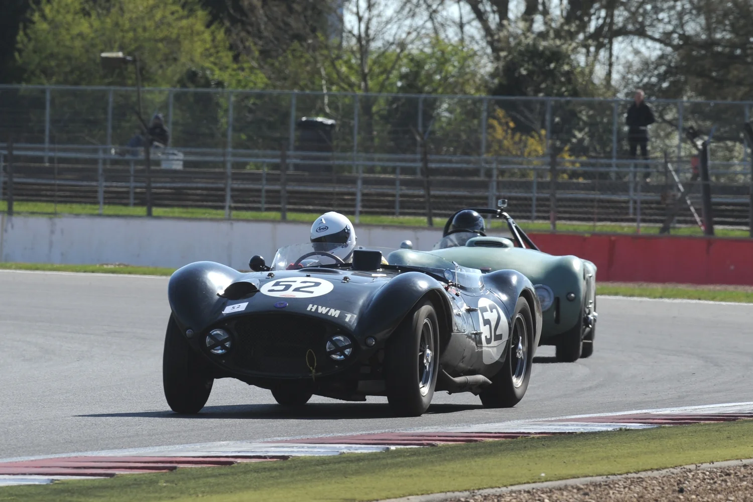 Late Entrant, Matt Grist, starting From the back of the Grid Stormed his way through the Pack to Victory in the George Abecassis Trophy in the HWM Jaguar owned by his Father, Paul. George as a Founding Co director of HWM would surely have been pleased. Full report in due course Photo - Jeff Bloxham