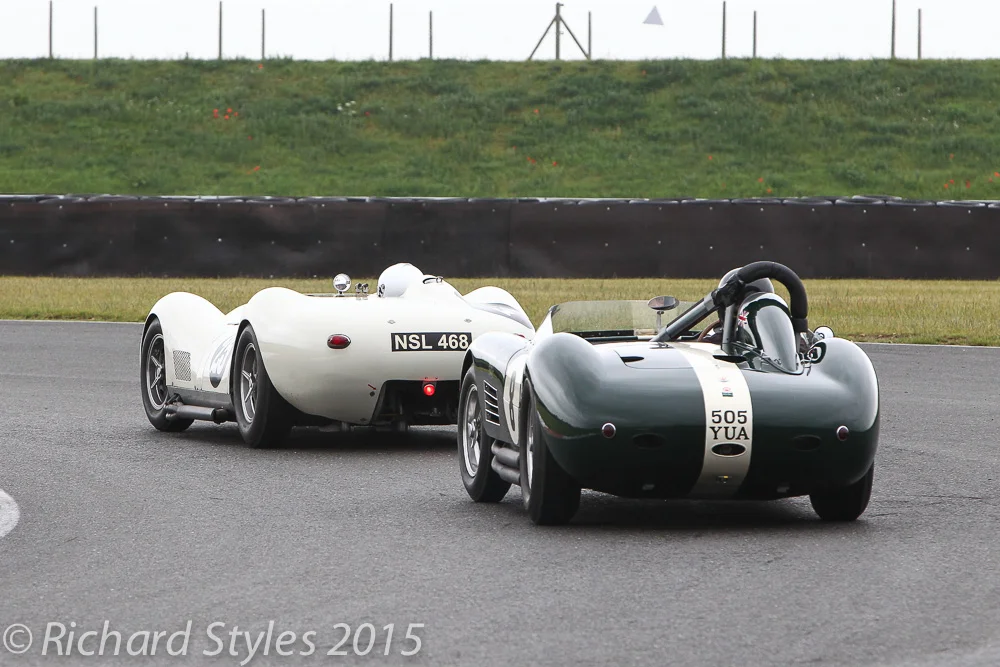 Mark Lewis has just taken the Lister Chevrolet passed the Steve Hart Maserati for 4th and is heading after the Bernberg Bobtail which is only just ahead out of shot