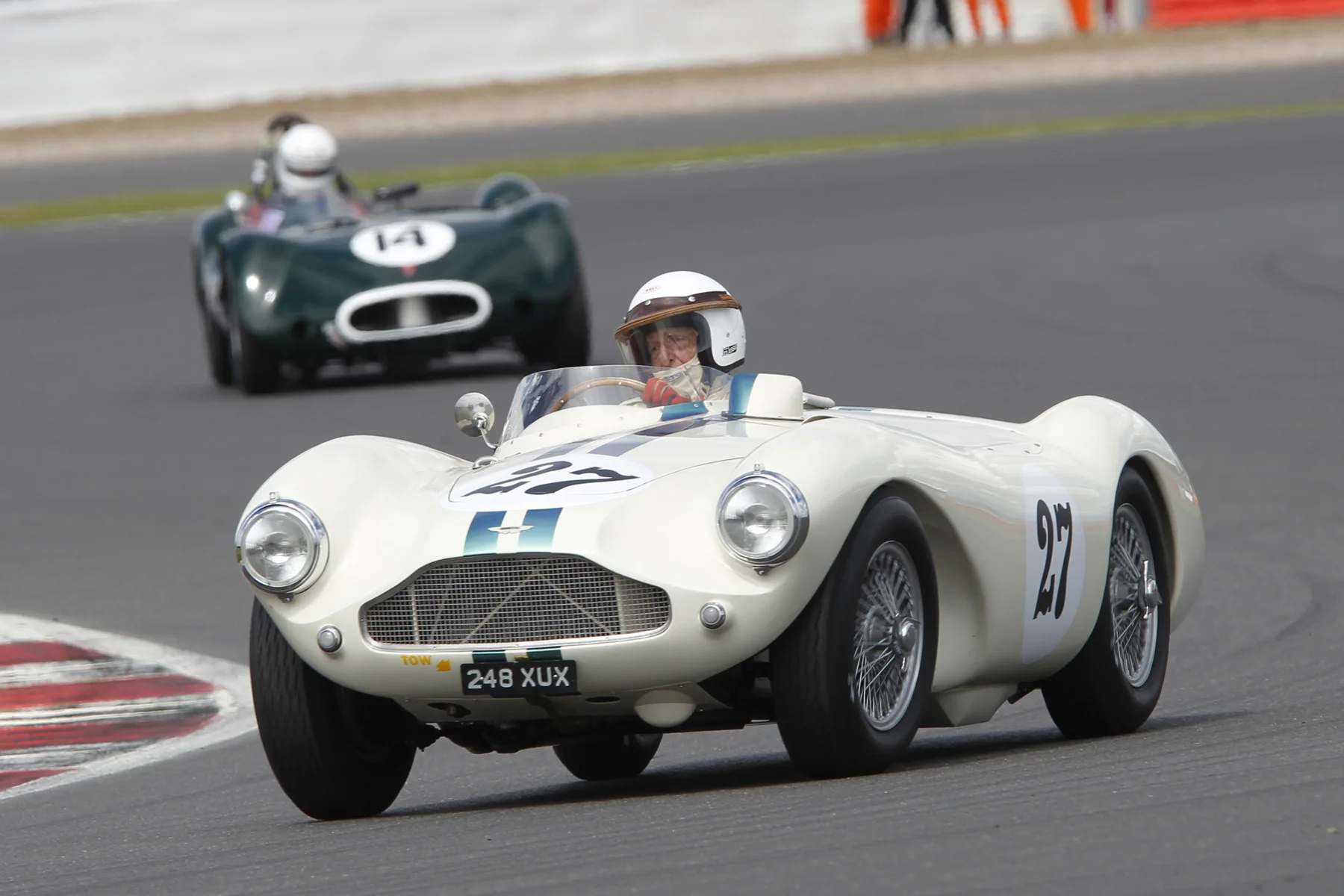Beautiful study of David Bennett's Aston Martin DB3S. Alex Quattlebaum holds on behind in the little LECo Photo - Mick Walker 