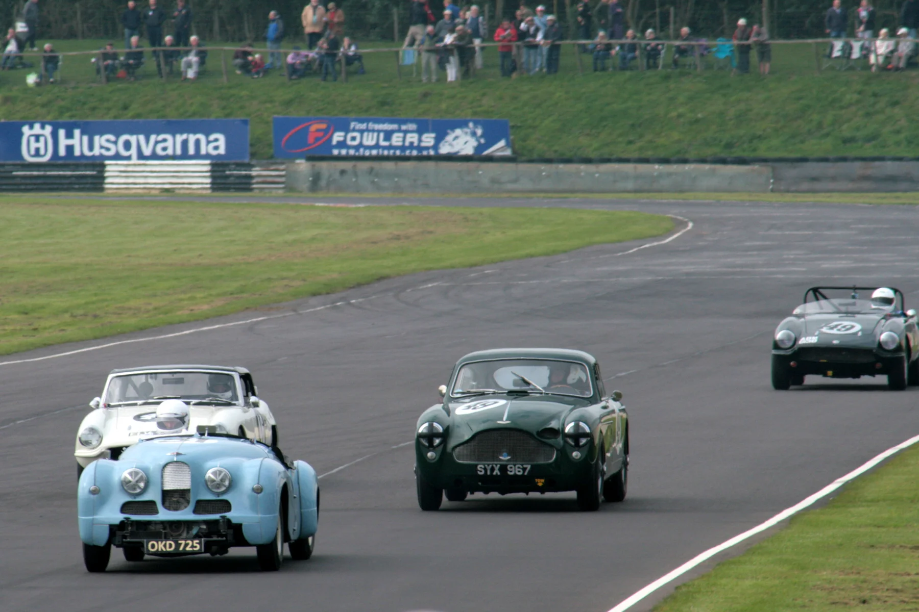 An eclectic mix in qualifying! Richard Gane's Jowett Jupiter leads Jonathan Loader in Bruce Chamber's Elva Courier followed by Chris Woodgate and Sean Kukula, in Aston Martin DB MKIII and Elva Courier respectively, both of which were owned and raced by the late Jon Gross Photo - John Turner
