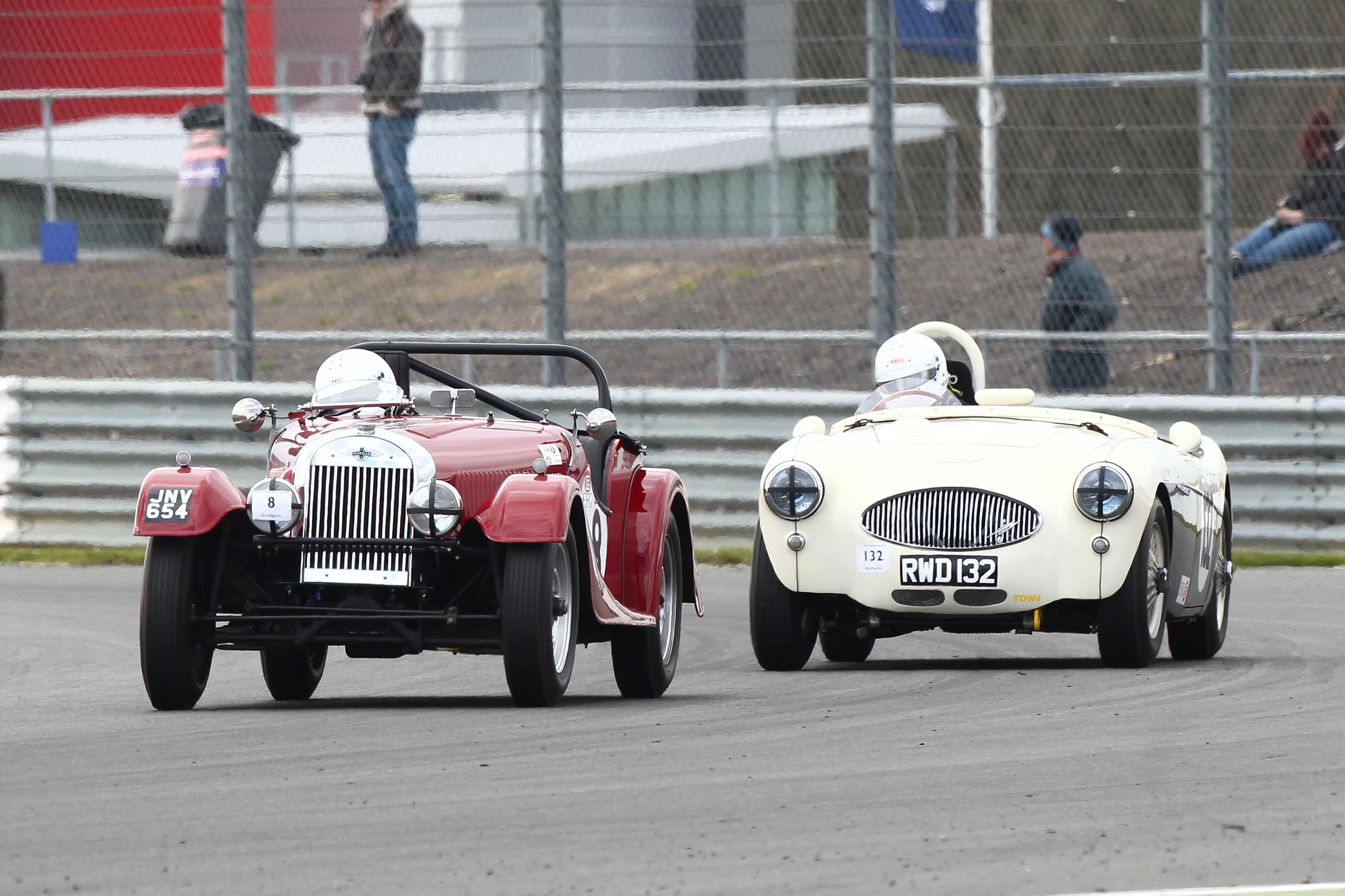 Peter Cole in Leigh Sebba's Morgan Plus 4, followed here by Patrick Rignell in the equally rare Austin Healey 100s, a car once campaigned by Lance Macklin. Photo - Richard Styles