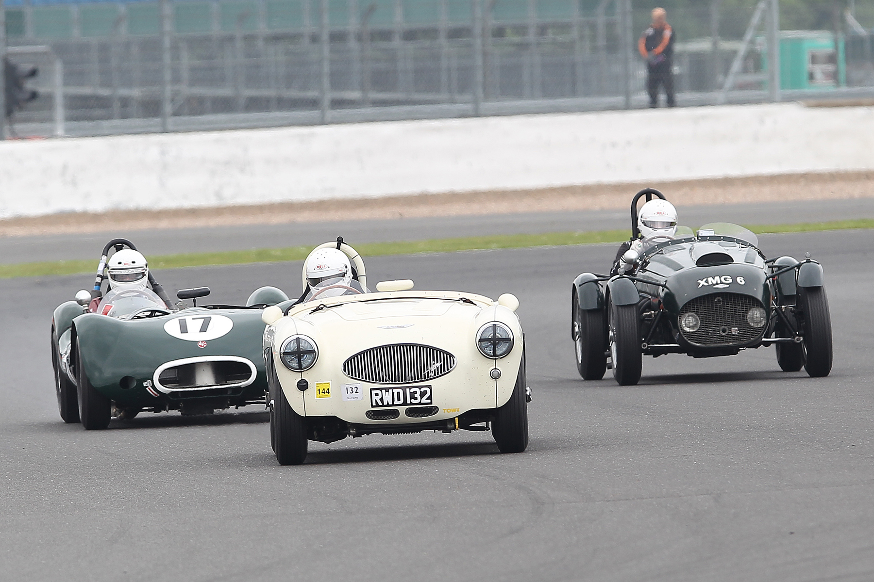 From left to right, Alex Quattlebaum in the very quick LECo 2 (A FLIER class car), Patrick Rignell (Austin Healey 100S) and Martyn Corfield (Frazer Nash Le Mans Replica) . They actually finished in this order! Photo - Mick Walker