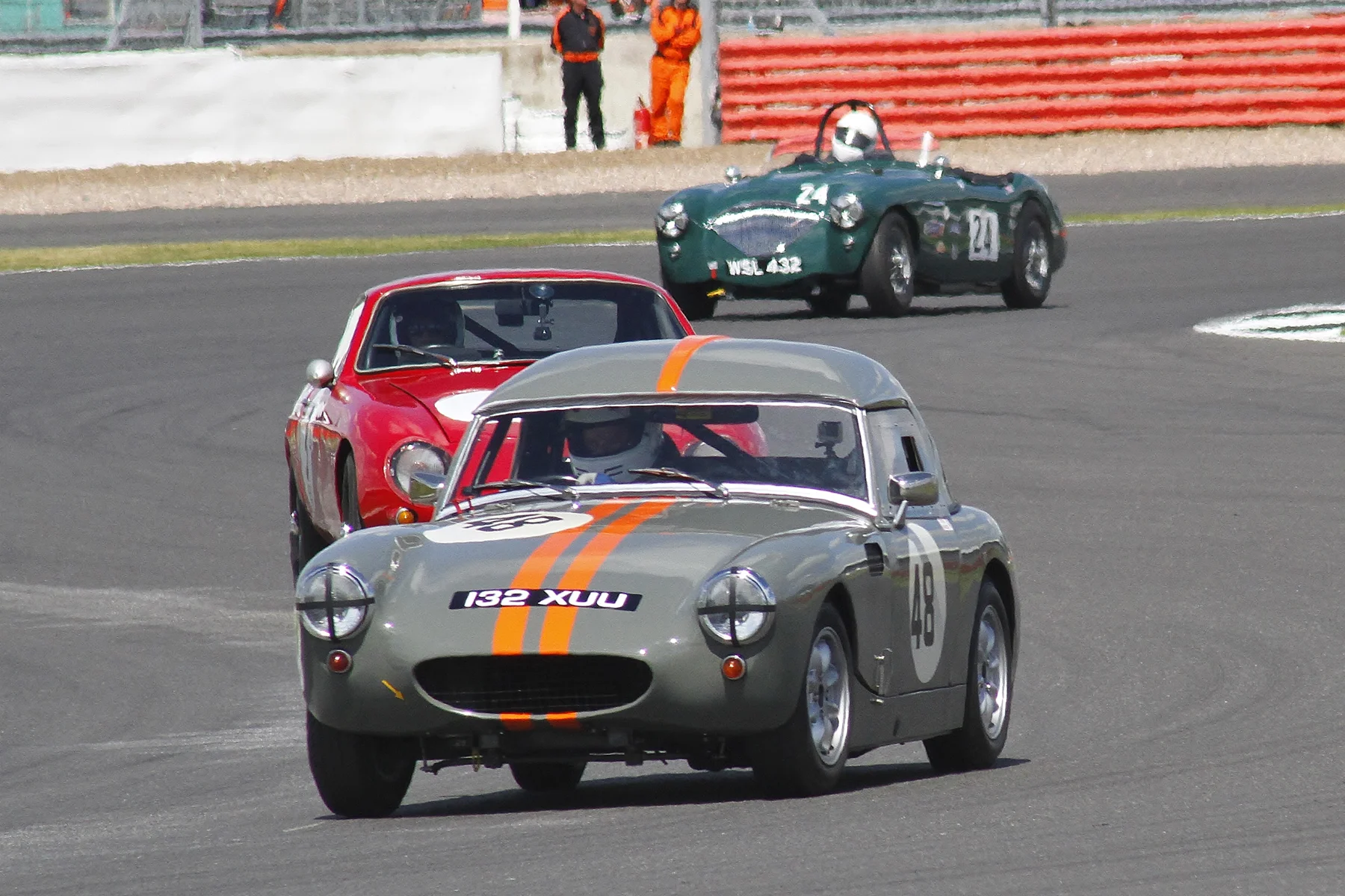 Jim Mackie's Mk 1 Sprite, sans Frogeye bonnet certainly makes the car prettier, if less cheeky! Here he leads Tony W-S and Jim Campbell. Out of shot to the left and behind Tony is Robin Pearce's AC Ace Bristol. Photo - Bob Bull, Tripos Media