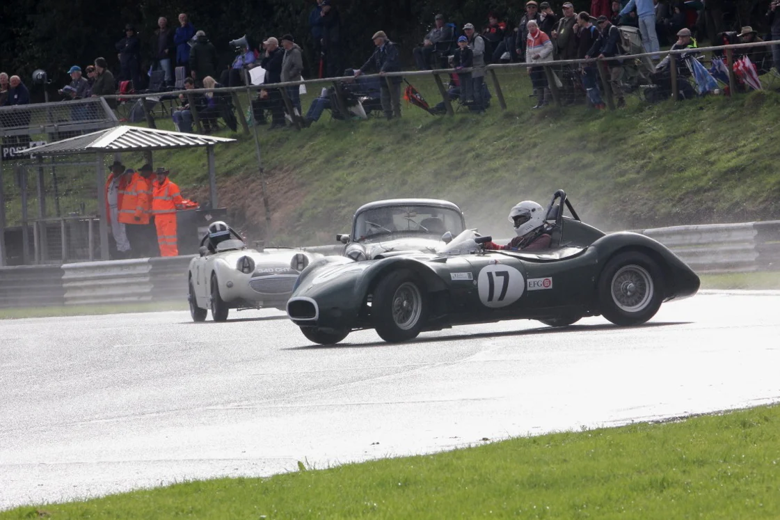 Alex Quattlebaum spins in Camp, in front of Glenn Tollett (MGA) and Drew Cameron (Frogeye Sprite) . All emerged unscathed and went onto complete the race. Photo - Pat Arculus, Tripos Media