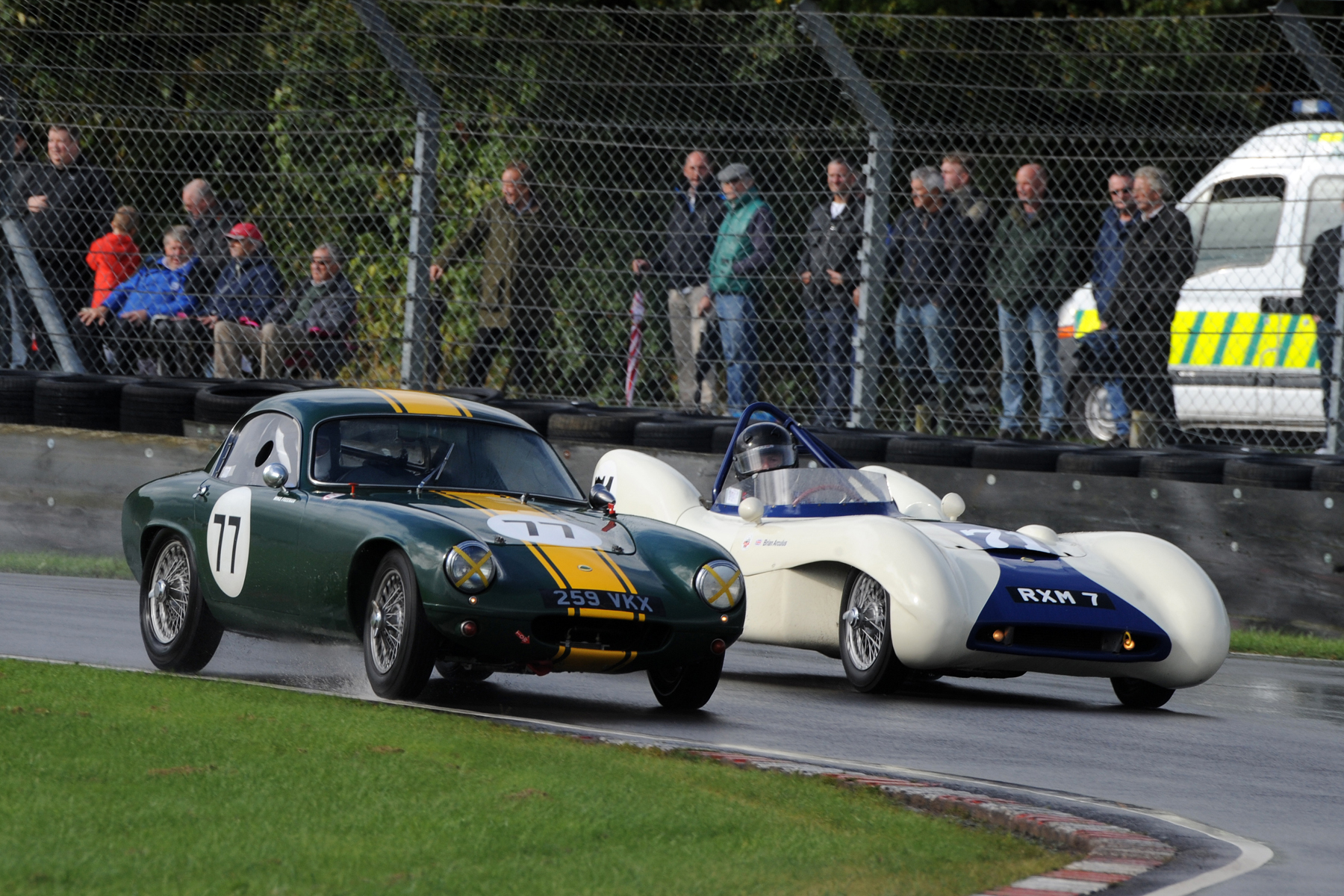 Both from the Lotus stable. Looking very different and yet both pretty (the cars, not the drivers!). Long time race campaigners Mike Freeman in the Elite and Brian Arculus in the Mk IX. Photo - Jeff Bloxham