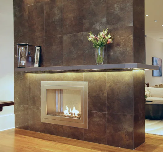 Custom See-Through Ventless Fireplace, finished in Stainless Steel | Designer: Carolyn Pressly Interiors
