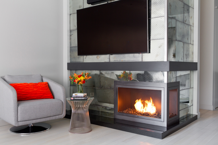  Corner HearthCabinet Ventless Fireplace, finished in custom pewter powder coated steel |&nbsp;Designer: Rick Trabucco 