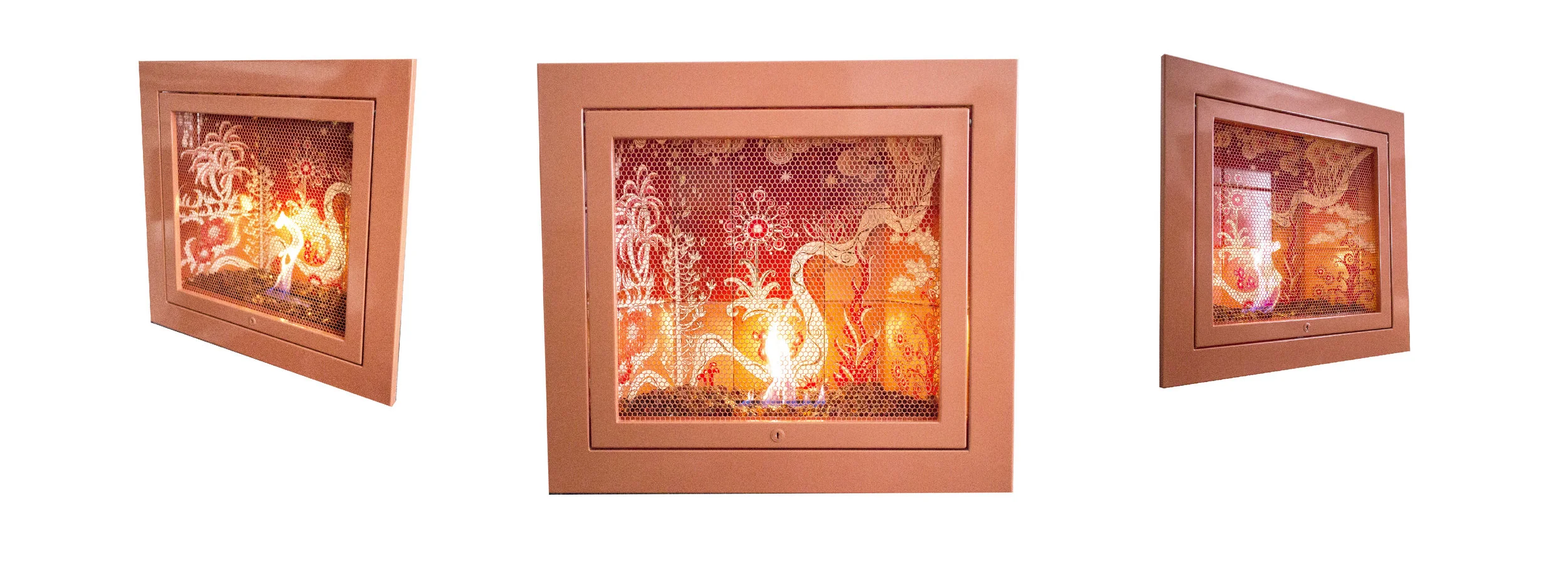 Living Coral KI™ Series by HearthCabinet® Ventless FireplacesHand-Painted tile by Melinda Mezey