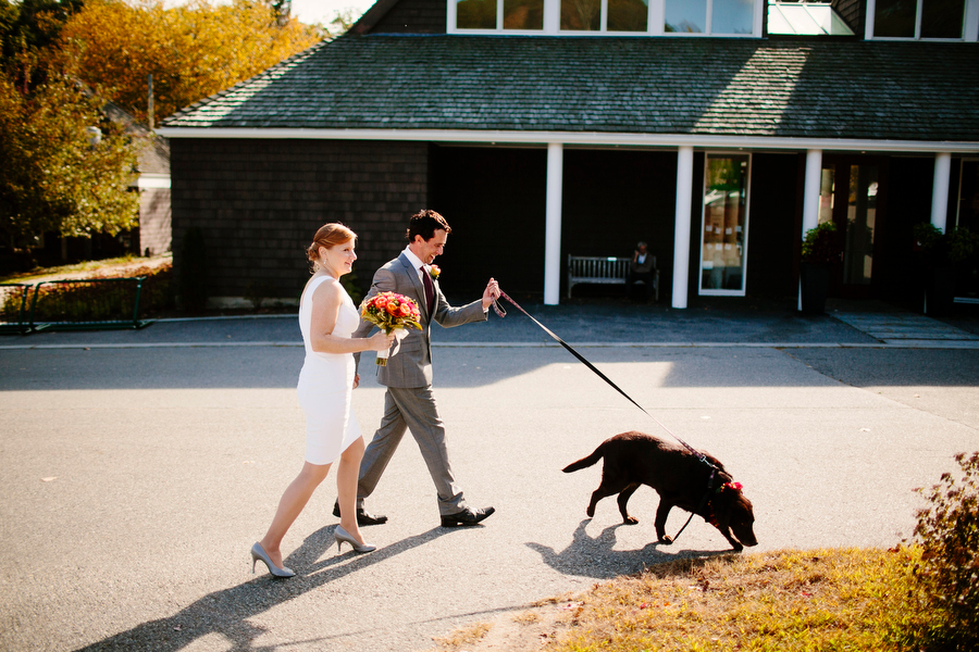 bride groom dog walking to ceremony