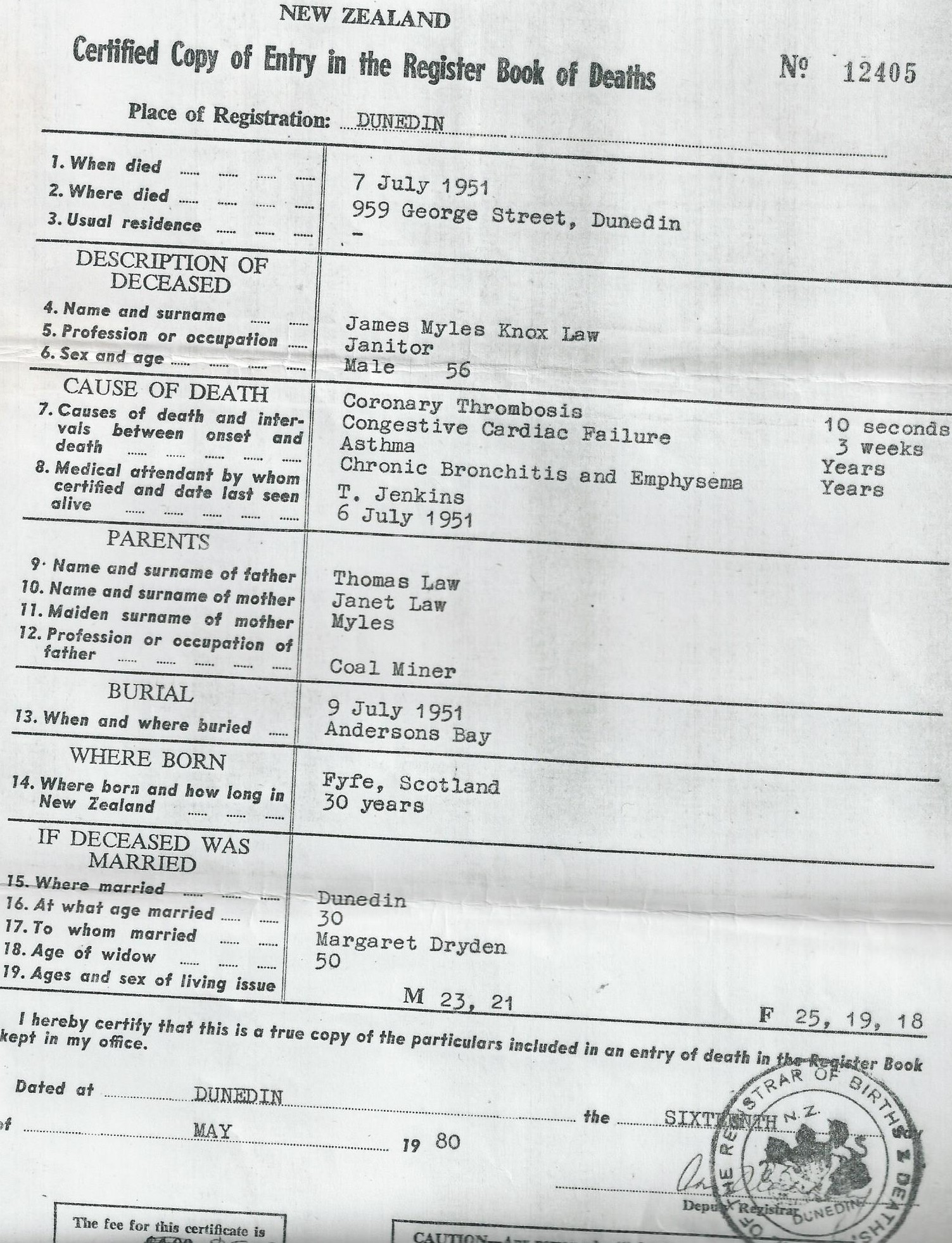 James Myles Knox Law - Death Certificate