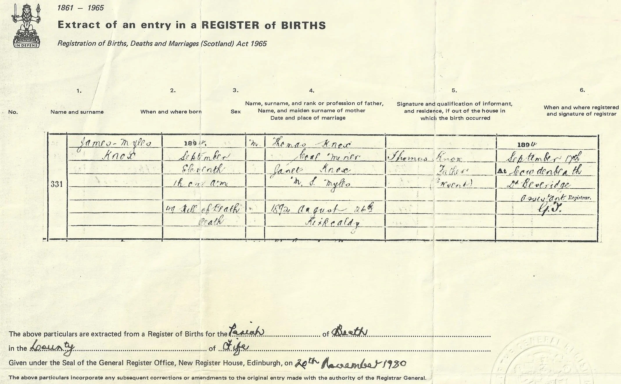 James Myles Knox - Birth Certificate