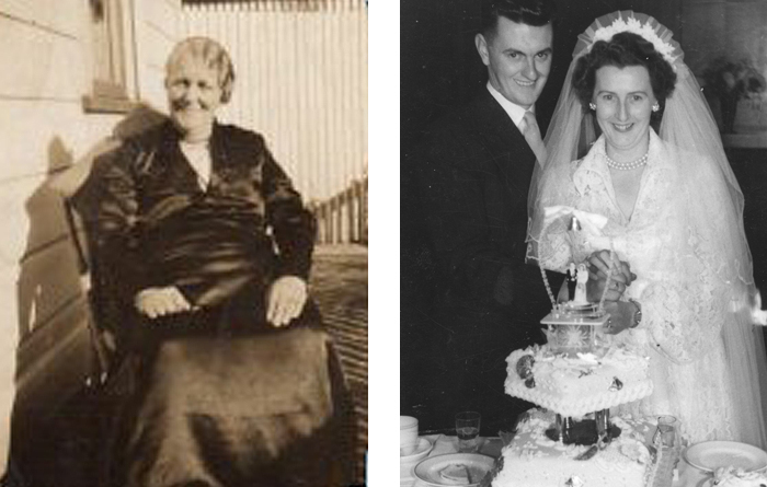 Janet Myles (wife of Thomas Law GGF) on left. Thomas Law and Jean (McBeath) at their wedding in 1952