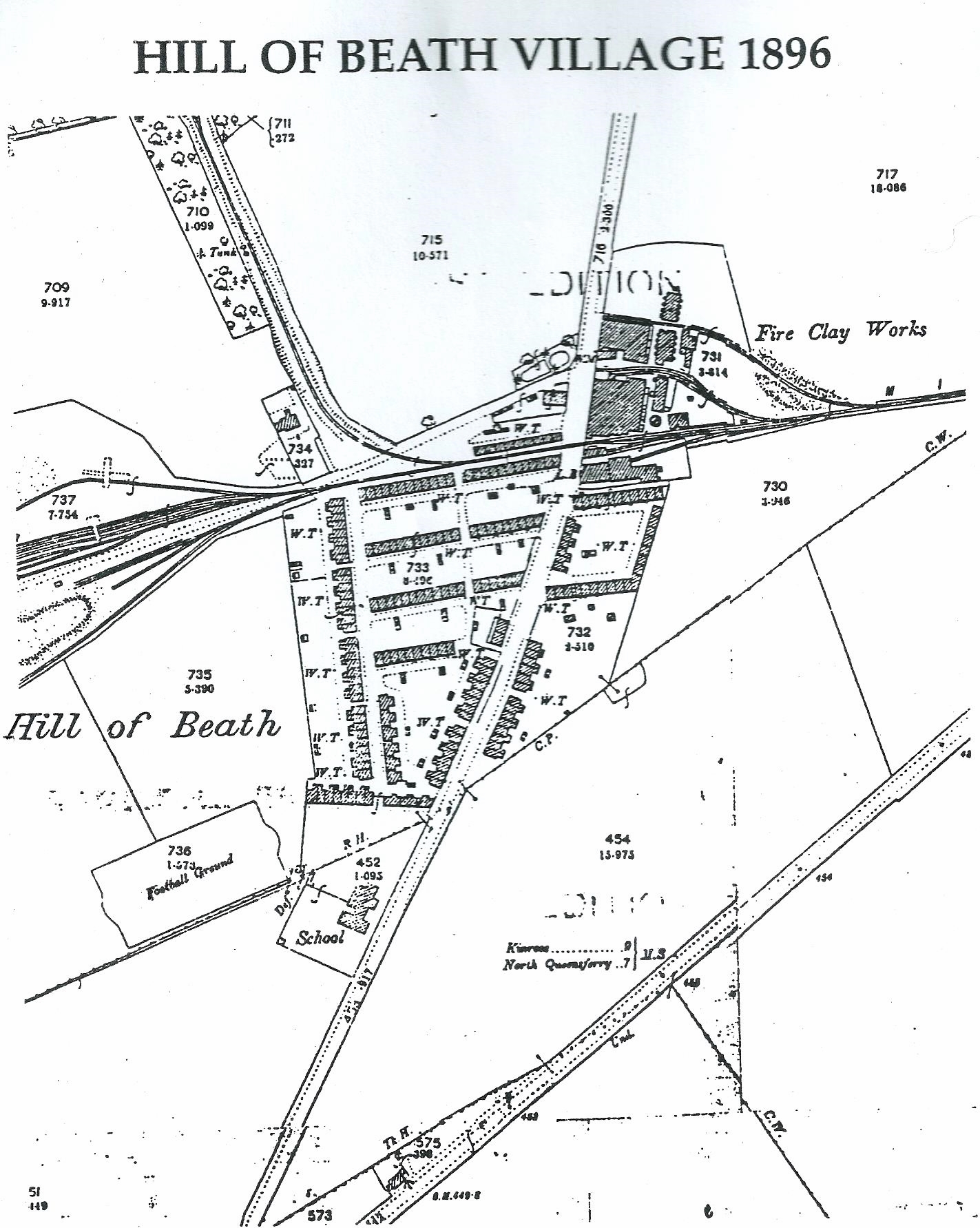 Map of Hill of Beath, Fife 1896. Thomas Knox GGF and wife Janet Myles lived here and had x3 children, John, James GF, Christina during this time. The Miners' row housing was built by the Fife Coal Company. The map also shows the Football ground, School and Fire Clay works