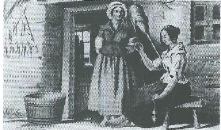 Scottish girl spinning Flax with a spindle. A distaff or pole is tucked under the arm which has a cone or 'cage' at the top. Later in the 18th century the use of spinning wheels and machines were used. 