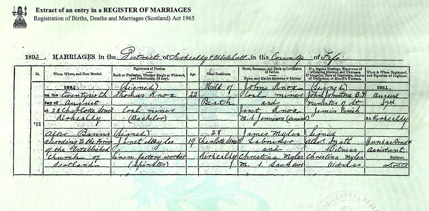 Marriage Certificate Thomas Knox (GGF, really Law) marries Janet Myles, Kirkcaldy, Fife, 1892.
