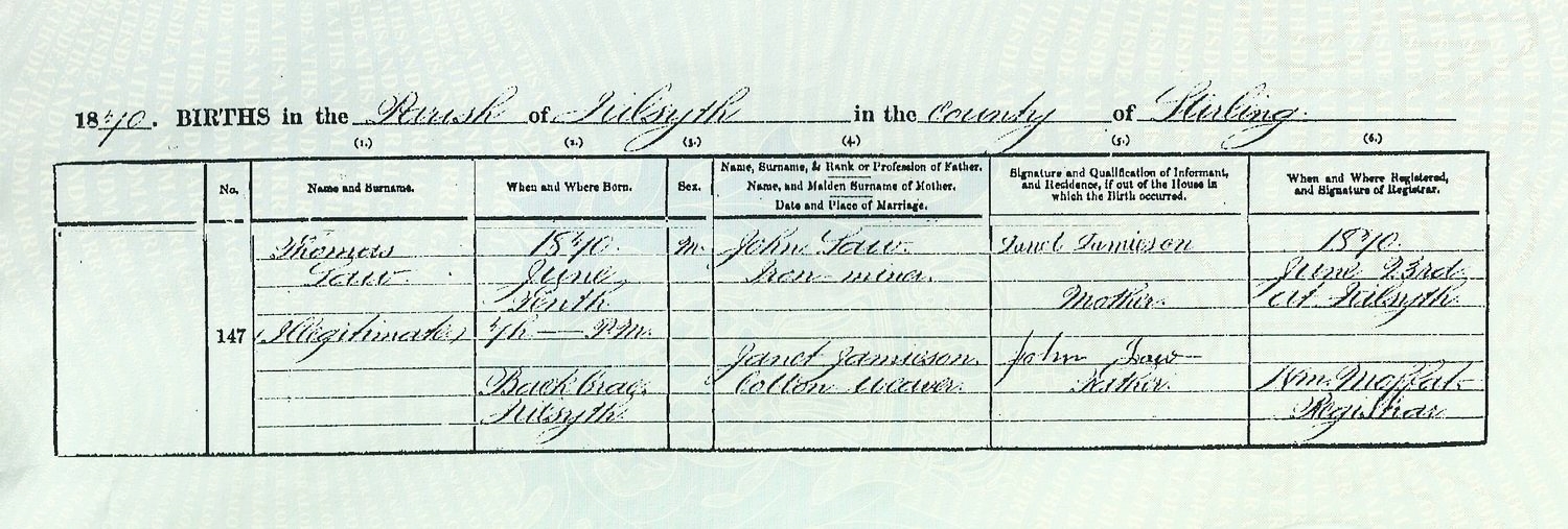 Thomas Law GGF birth certificate, states 'illegitimate', born Backbrae Kilsyth, Stirlingshire, 1870. The first son of John Law and Janet Jamieson.