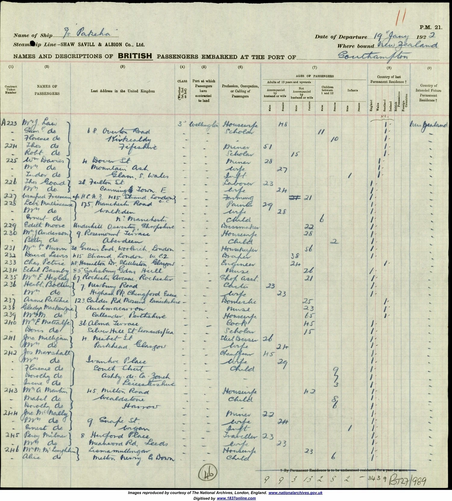 Pakeha Passenger List, 1922 . Janet Law, Sam, Florence, Thomas Law GGF, Robert are listed at the top of the page. All are third class passengers and 68 Overton Rd is their last address in Kirkcaldy, Fifeshire.