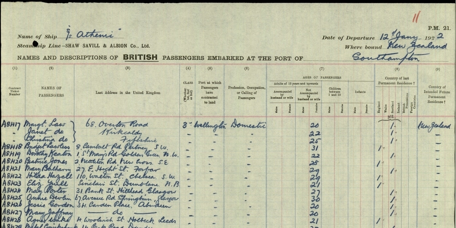 Passenger List, Athenic steam ship. The three older daughters of Thomas Law GGF, Margaret, Janet and Christina, came together on the Athenic. Third class and classified as 'Domestic' workers, 68 Overton Rd their last address in Kirkcaldy, Fifeshire. 