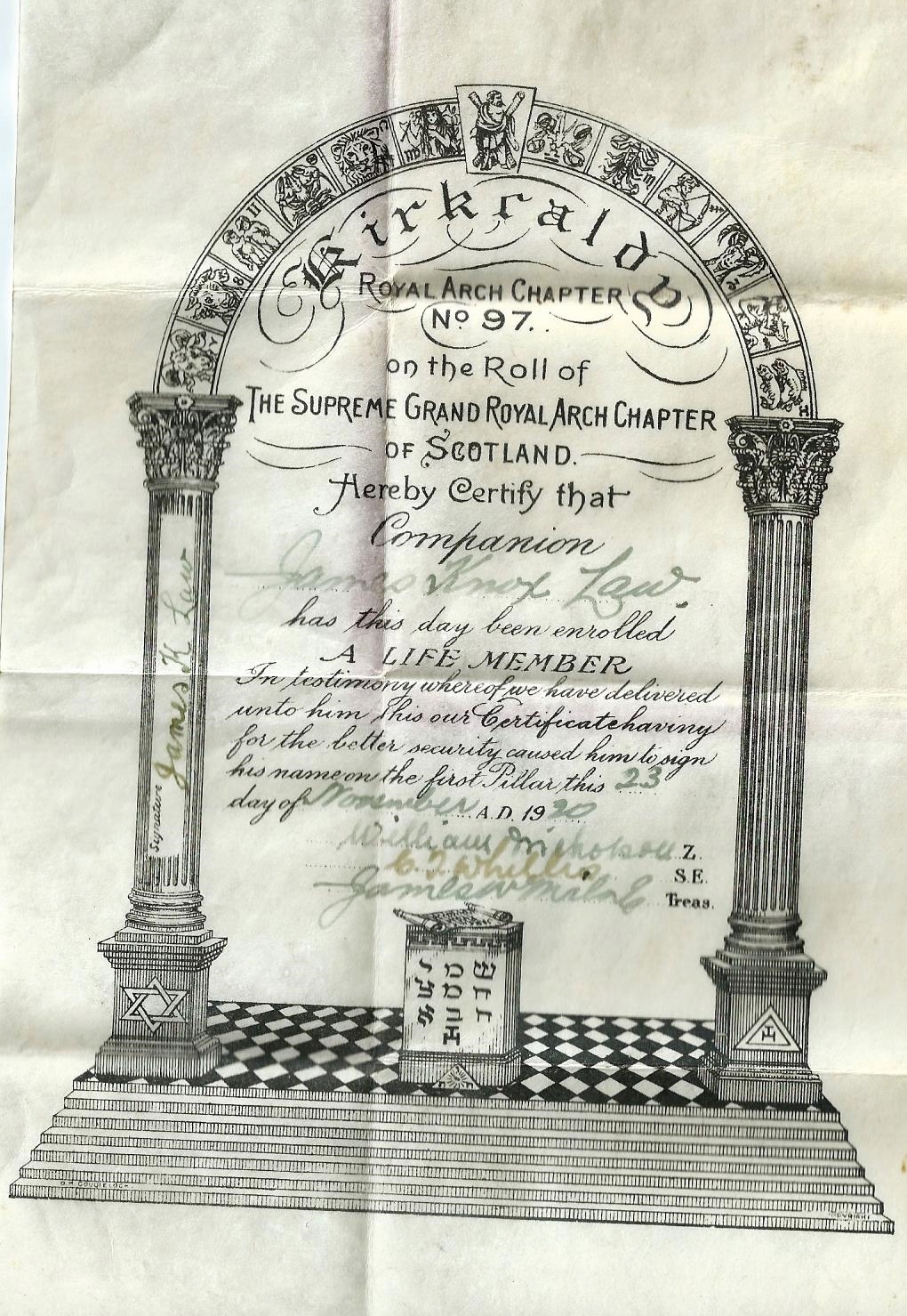 GF is James Knox Law as seen on his life membership certificate of the Kirkcaldy Masons, Royal Arch Chapter No. 97 in 1920. Further evidence of the name change back to Law