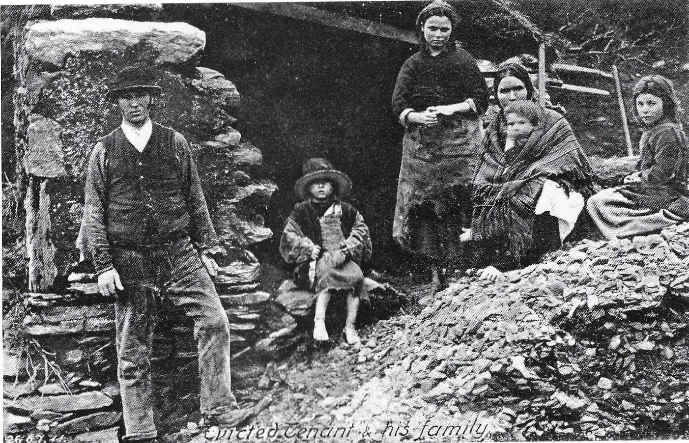 A typical post - Irish potato famine eviction scene in rural areas in the 1850's. After the worst of the famine had passed, it was common to see families camped out in the ruins of their house. Between 1849-1854, 250,000 - 500,000 mainly rural people, were forced from their homes usually for rent arrears. The fortunate emigrated to America or elsewhere and the less fortunate the 'workhouse'.