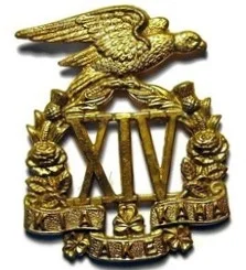 James Harcus - Cap Badge of the Otago Infantry Battalion, OIB, 14th South Otago Company. Description: The regimental number XIV within a wreath of the red rose, shamrock and thistle, the Kea on top. Motto Ake kia kaha (Forever Be Strong)