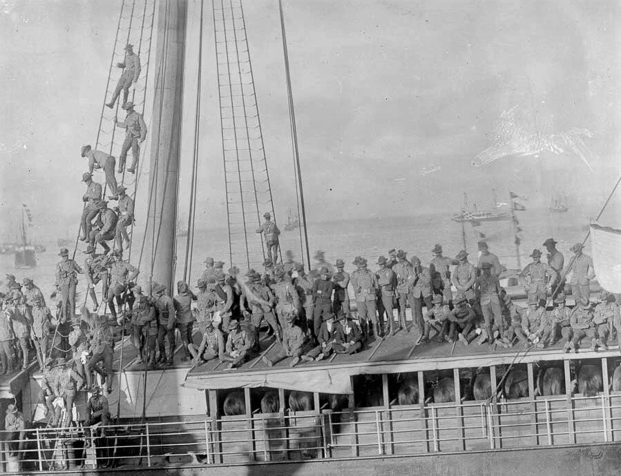 Example of a Troopship with Troopers and horses departing NZ for the Second Boer War in S0uth Africa. NZ History on line.
