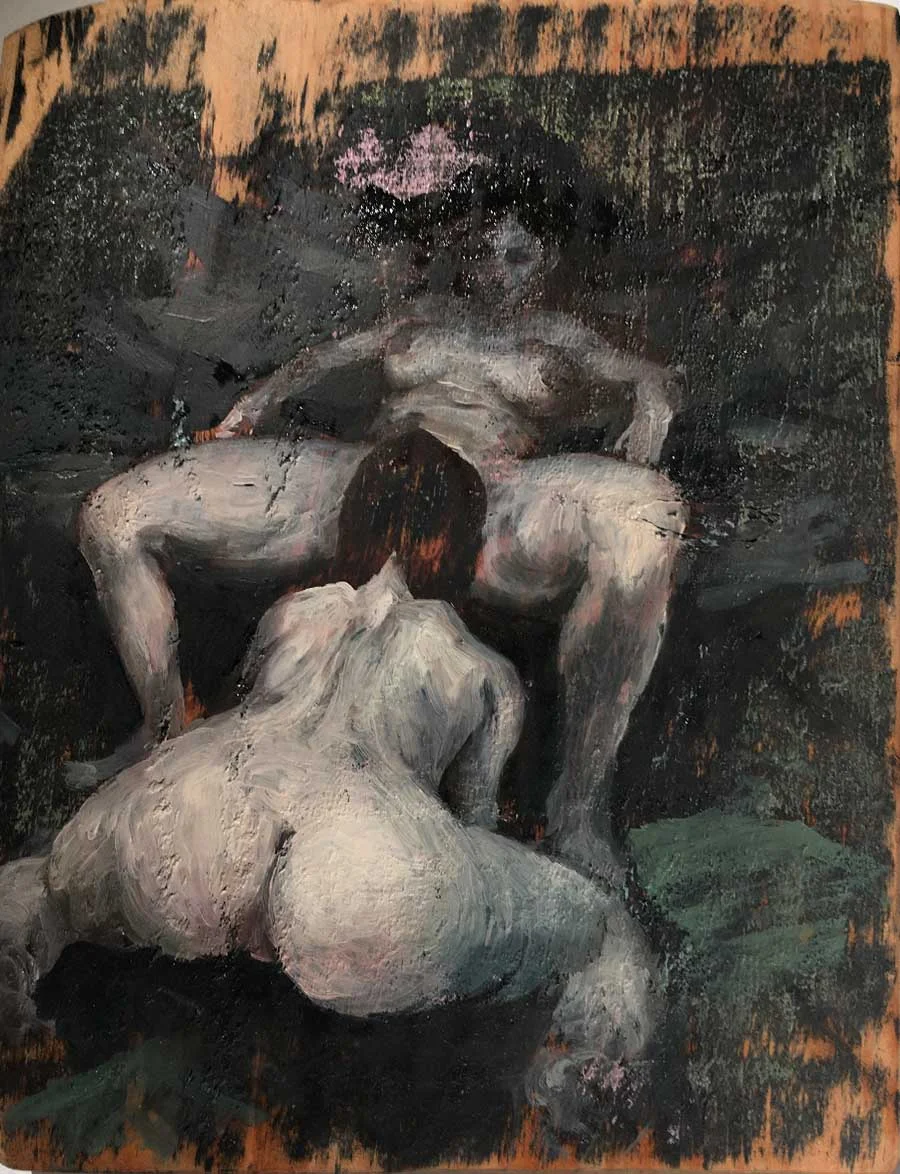 Women on black sofa
