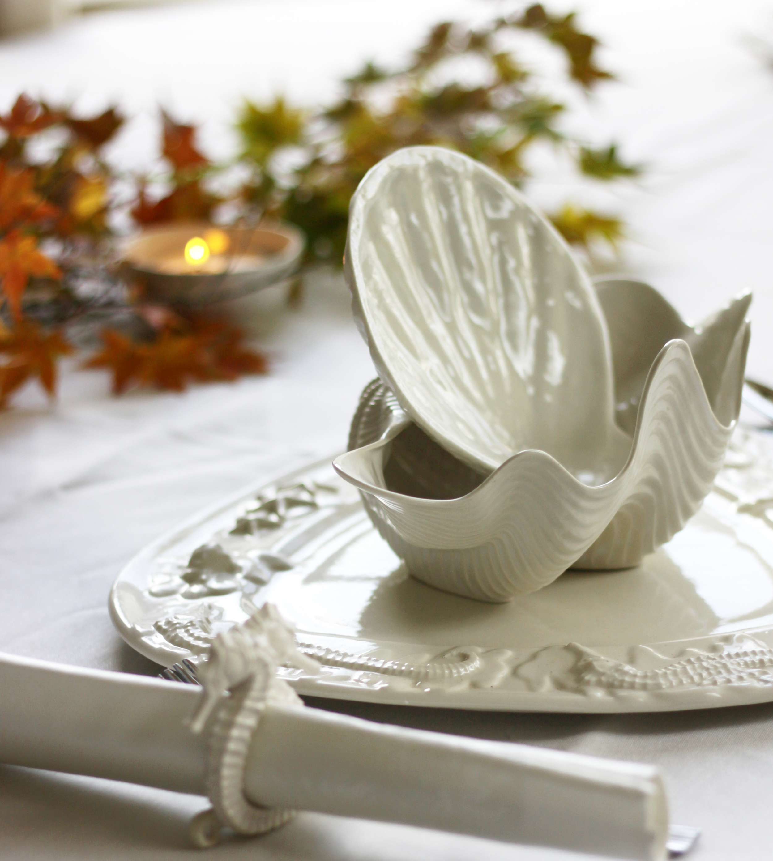 Seahorse & Starfish Platter fall leave and tealight