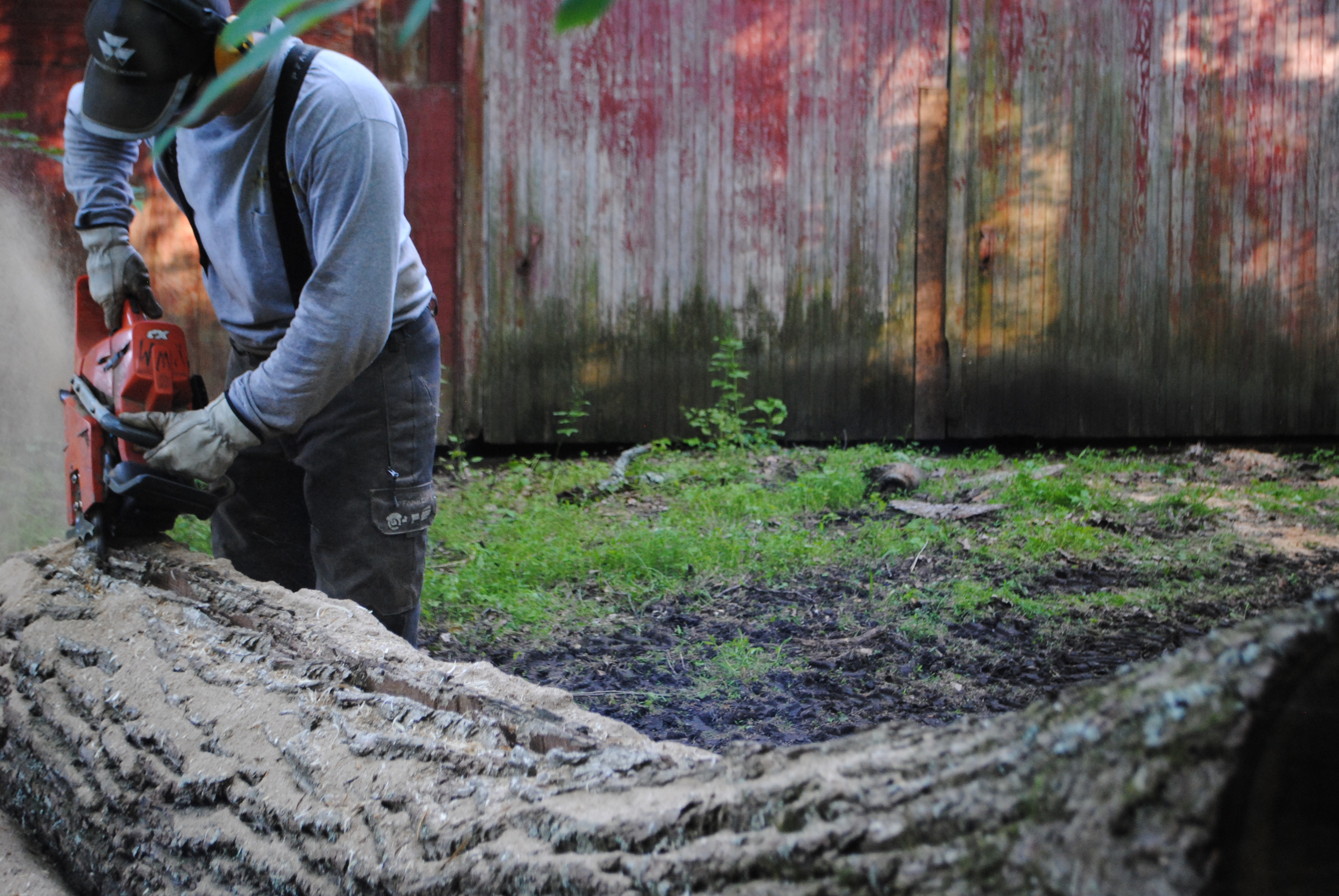 Using log wood from a logging operation, Caleb White rips the log to make a rustic bench.