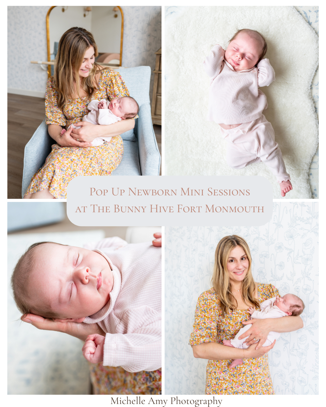 Newborn and Mom Portraits at The Bunny Hive in Fort Monmouth. Sleepy baby stretches. Happy new mom.
